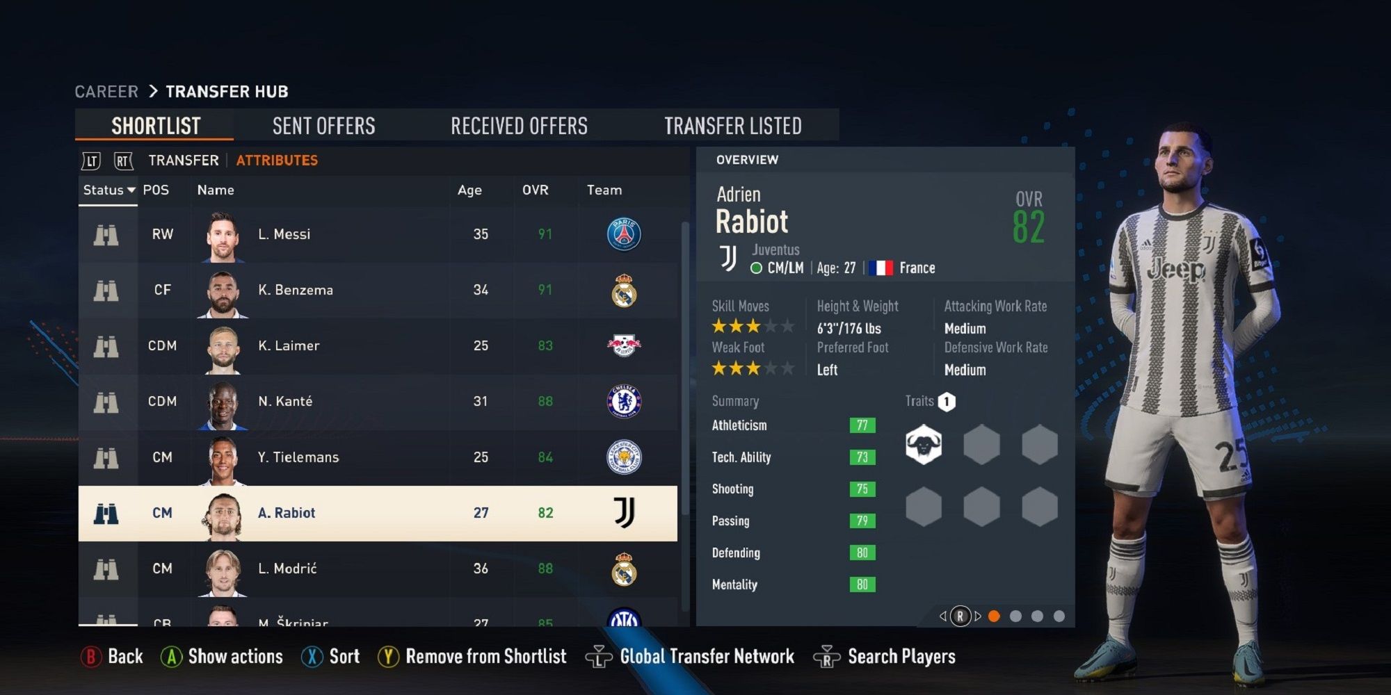 A screenshot of Adrien Rabiot in FIFA 23