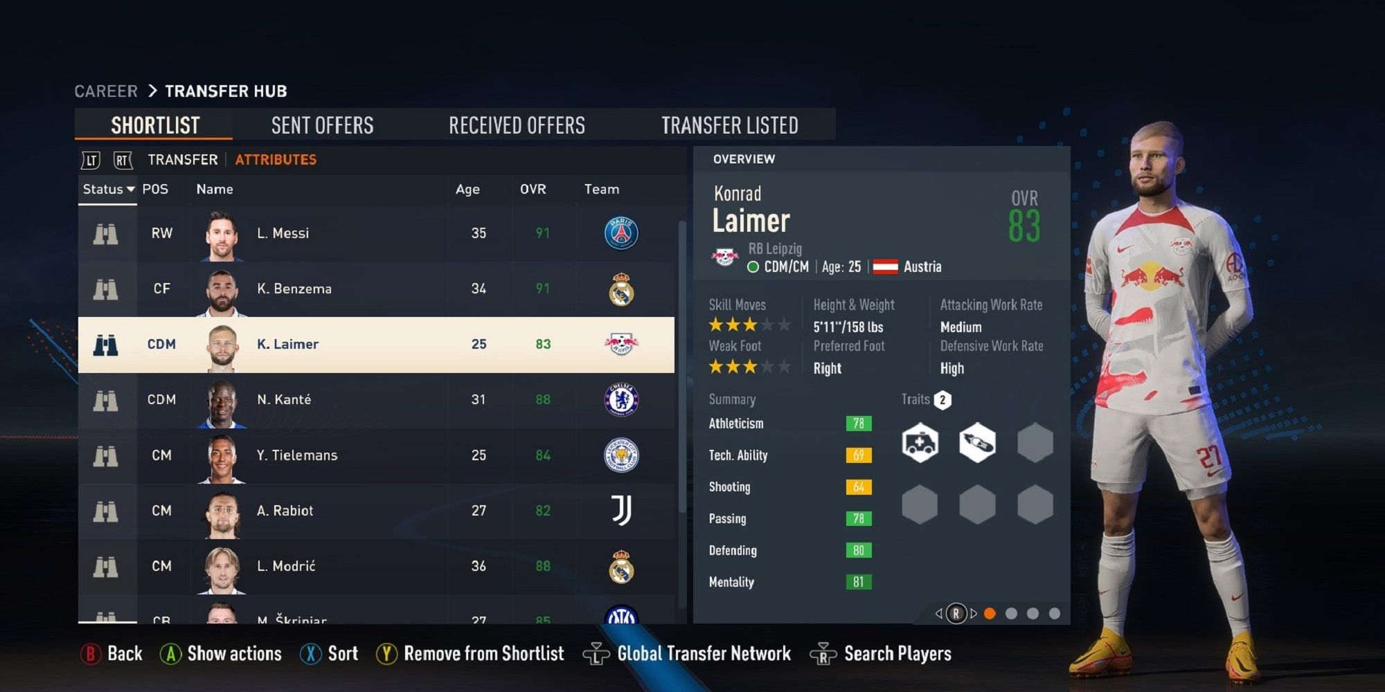 A screenshot of Konrad Laimer in FIFA 23