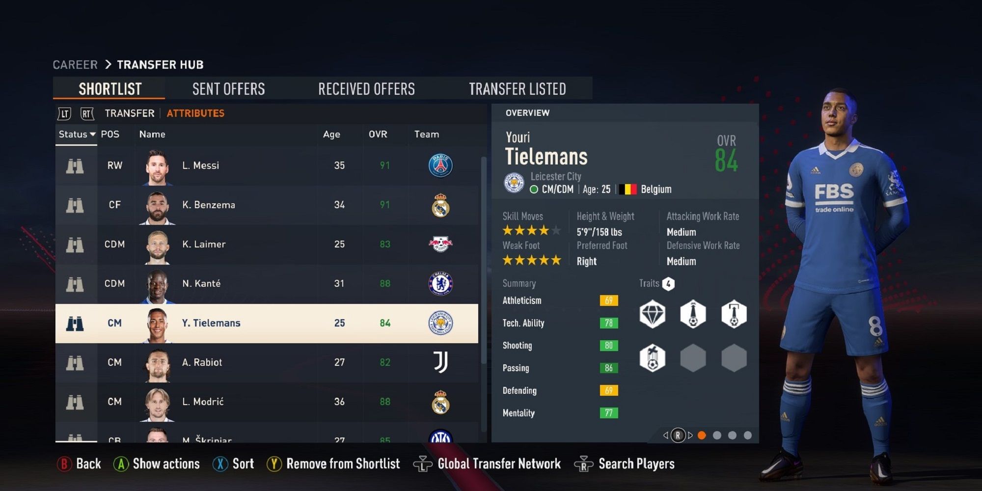 A screenshot of Youri Tielemans in FIFA 23