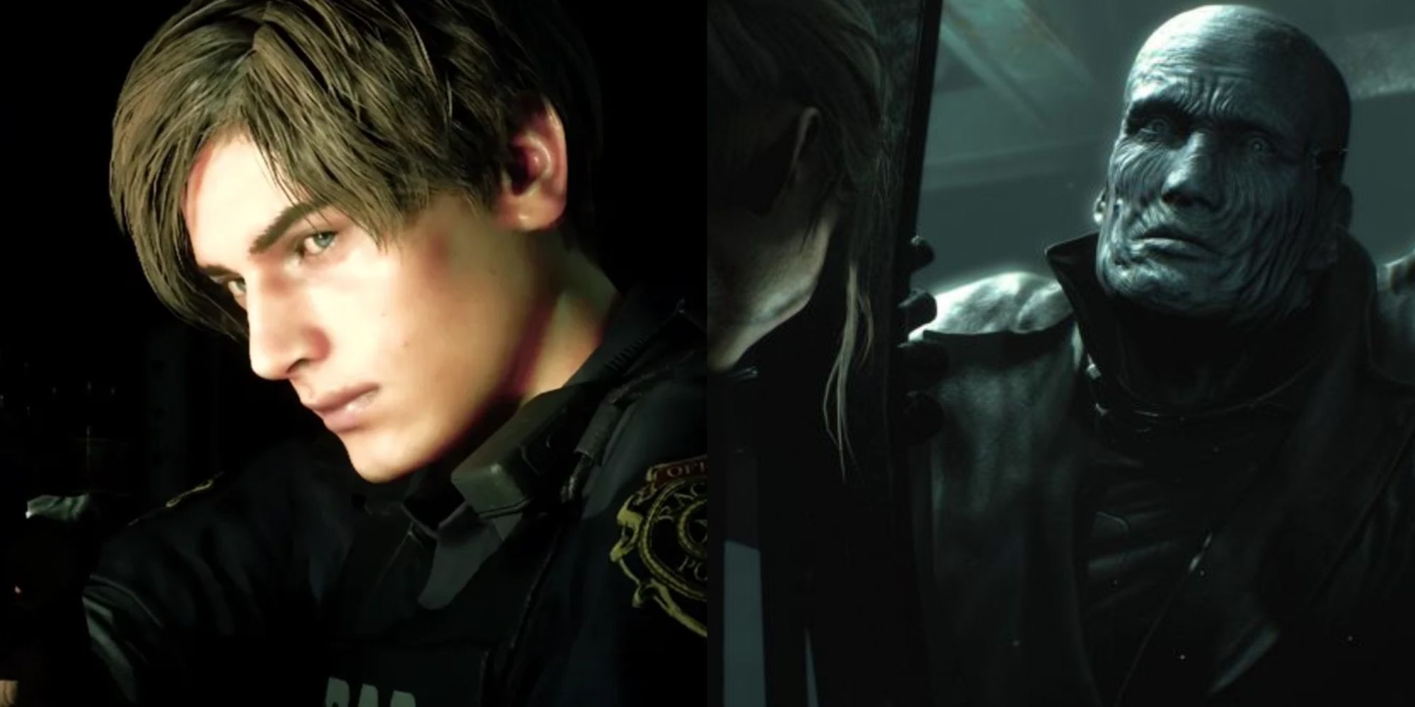 A split image of Leon Kennedy and Mr. X from Resident Evil 2