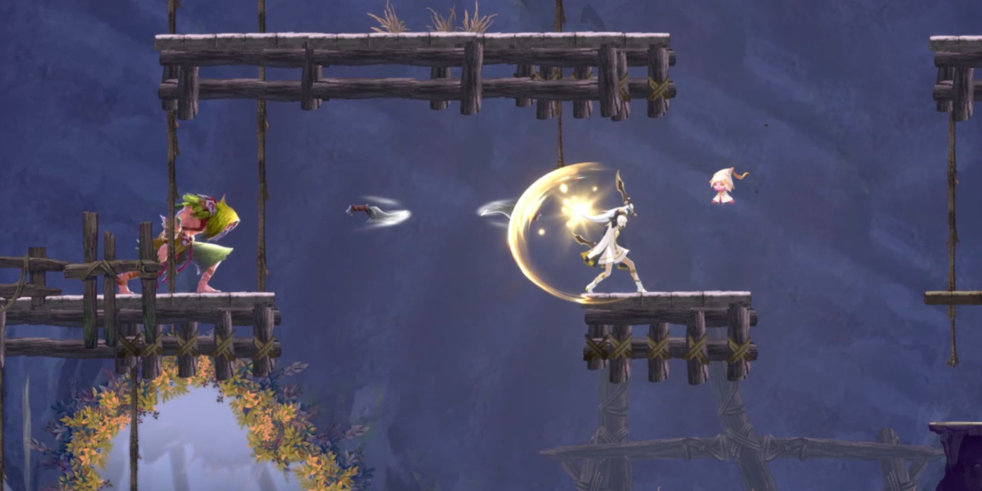 Renee deflecting incoming projectiles thrown from an enemy with her Dualswords in Afterimage