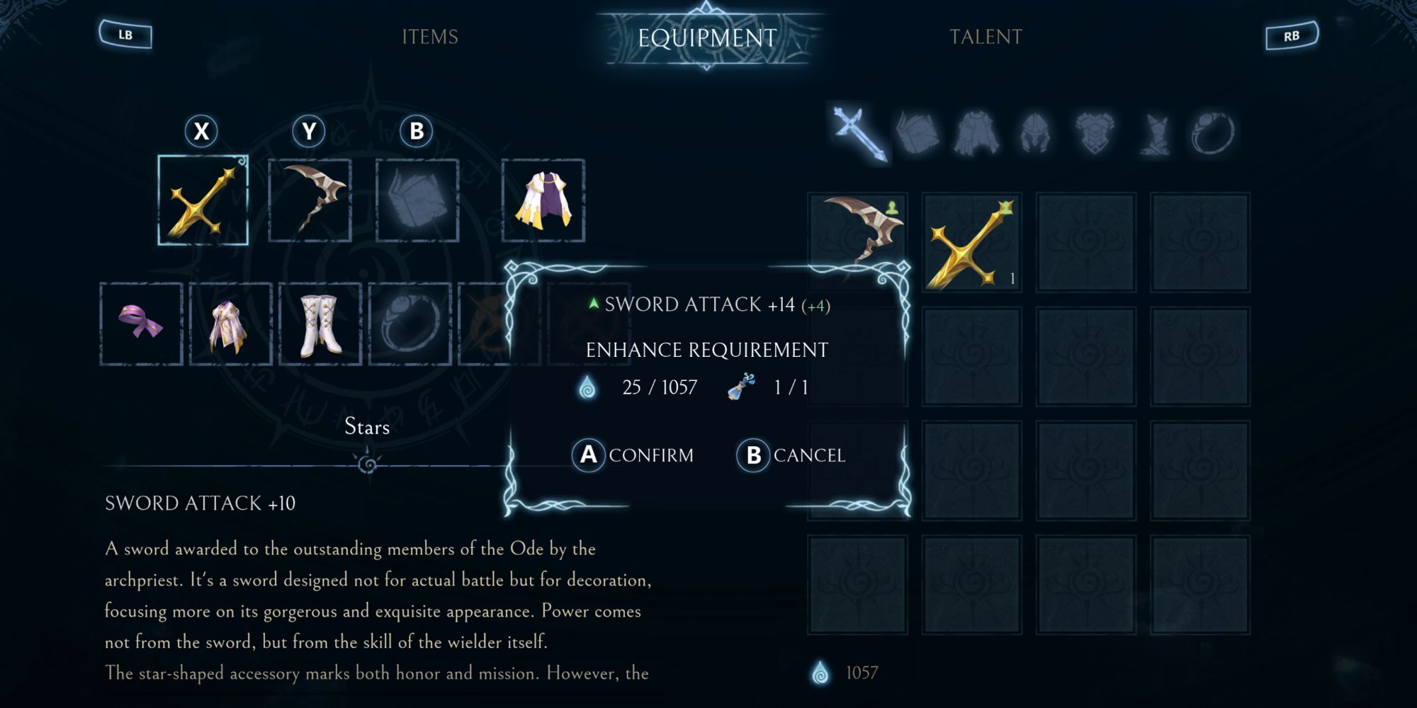The Menu of required Resources and Materials needed to Enhance a Sword in Afterimage