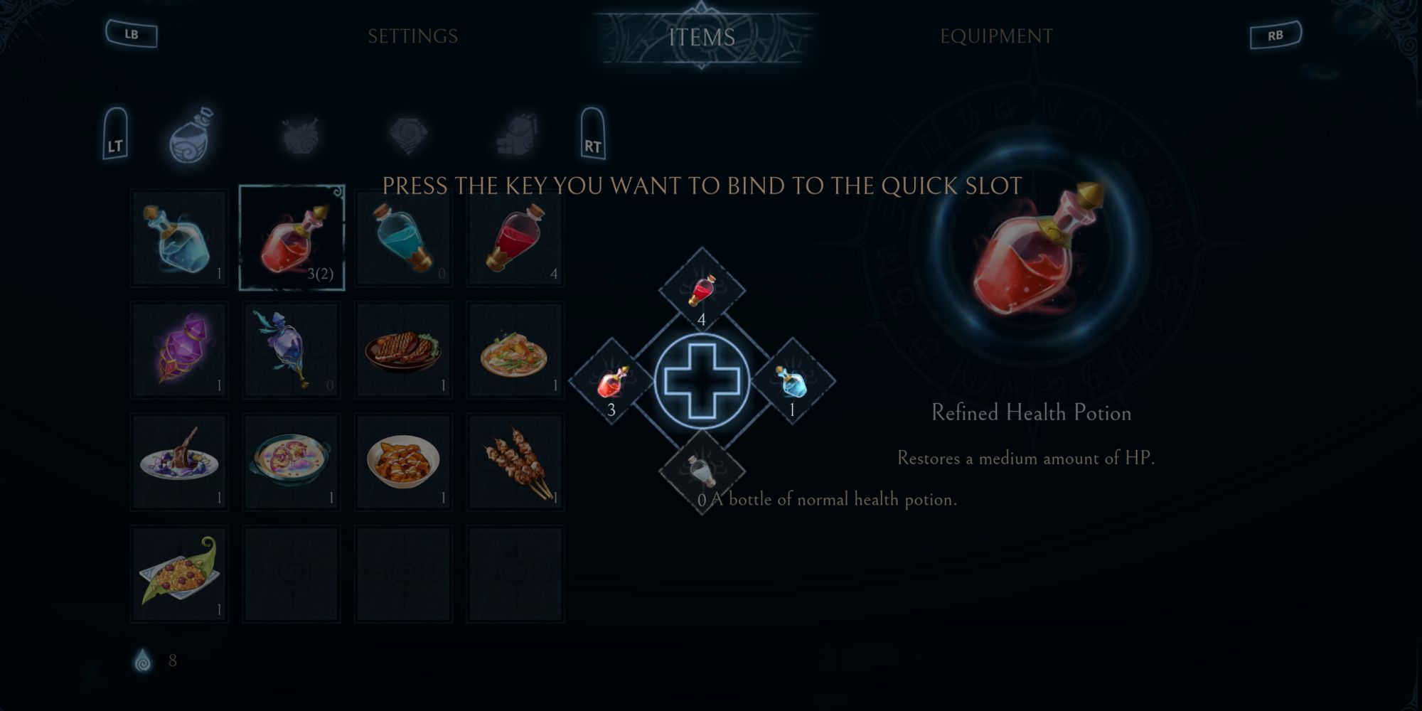 Equipping a Refined Healing Potion to the Quickslot Menu in Afterimage