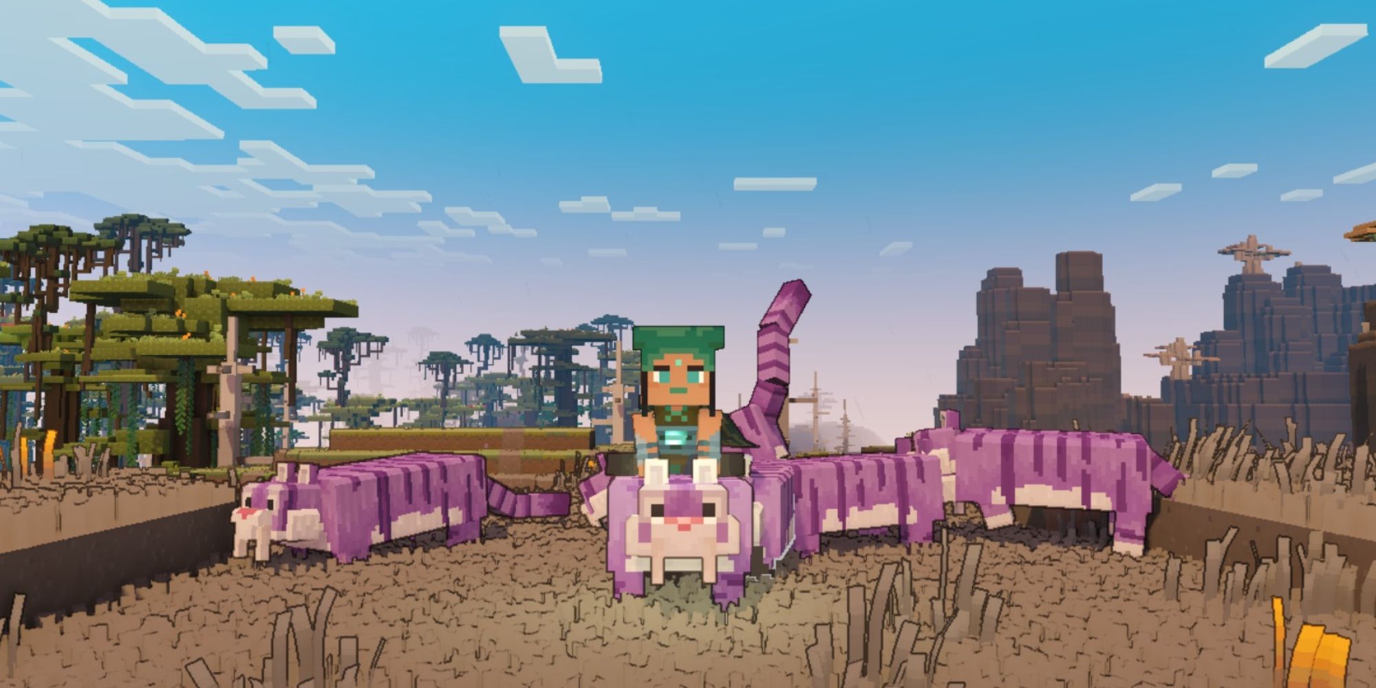An image of the main character riding the Regal Tiger in Minecraft Legends. This purple tiger is an unlockable mount, and has very fast movement speed. 