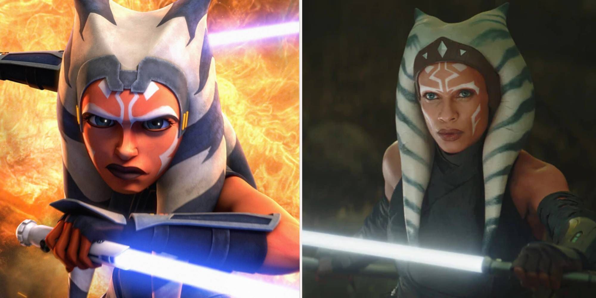 Ahsoka Tano animated and posing with lightsabers on left, posing with lightsaber in live-action on the right.