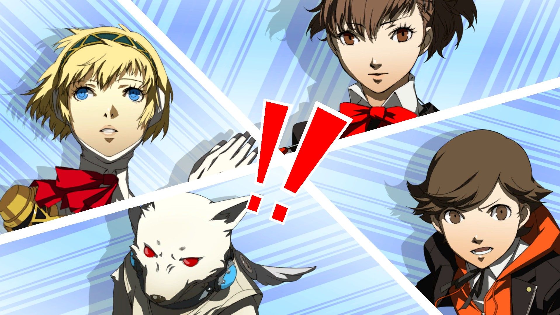 aigis, koromaru, ken, and the female mc of p3p in an all-out attack screen from persona 3 portable