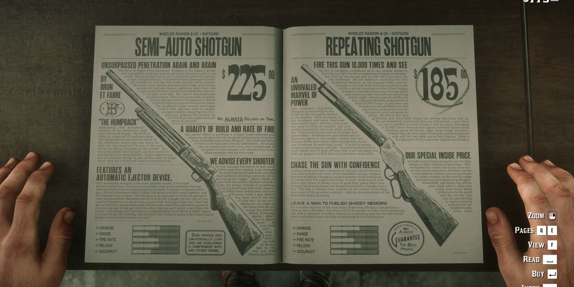 An image of the weapon catalog from Red Dead Redemption 2, showcasing two guns.