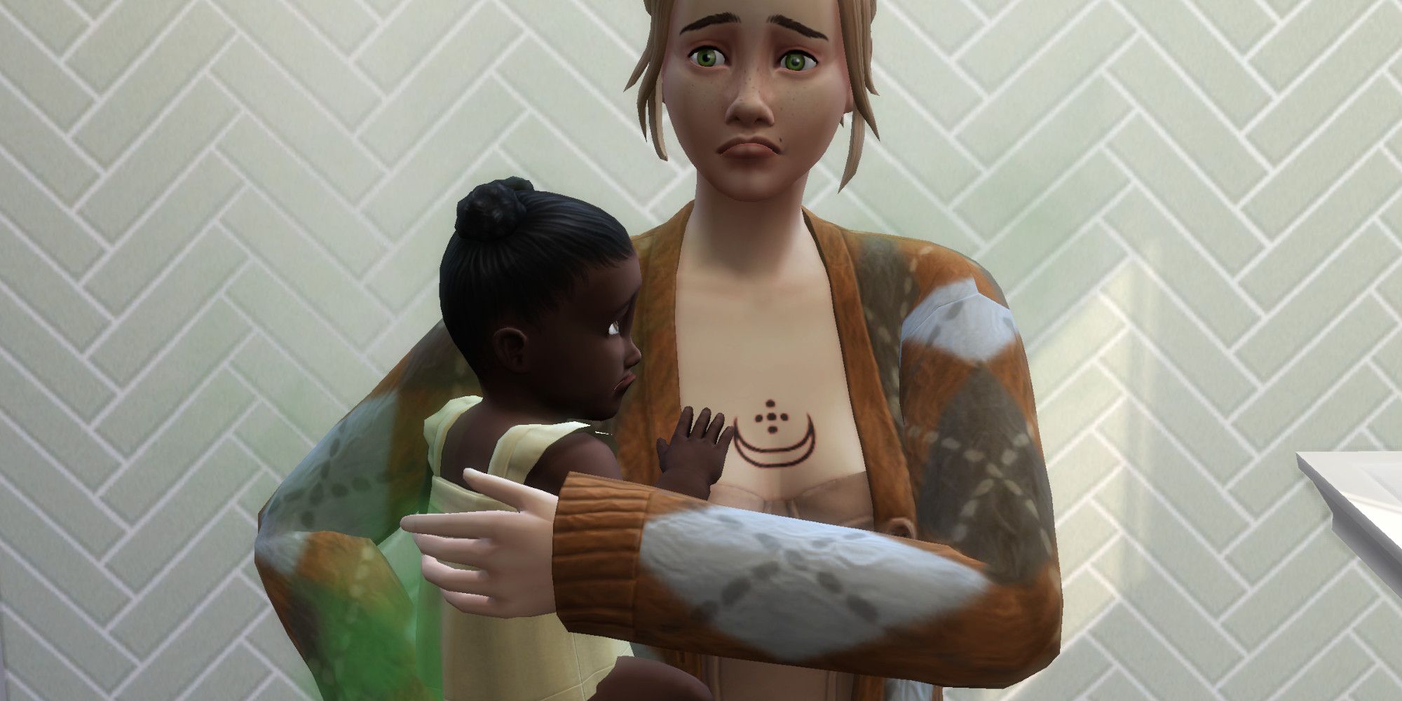 An adult Sim holds an infant Sim with a dirty diaper