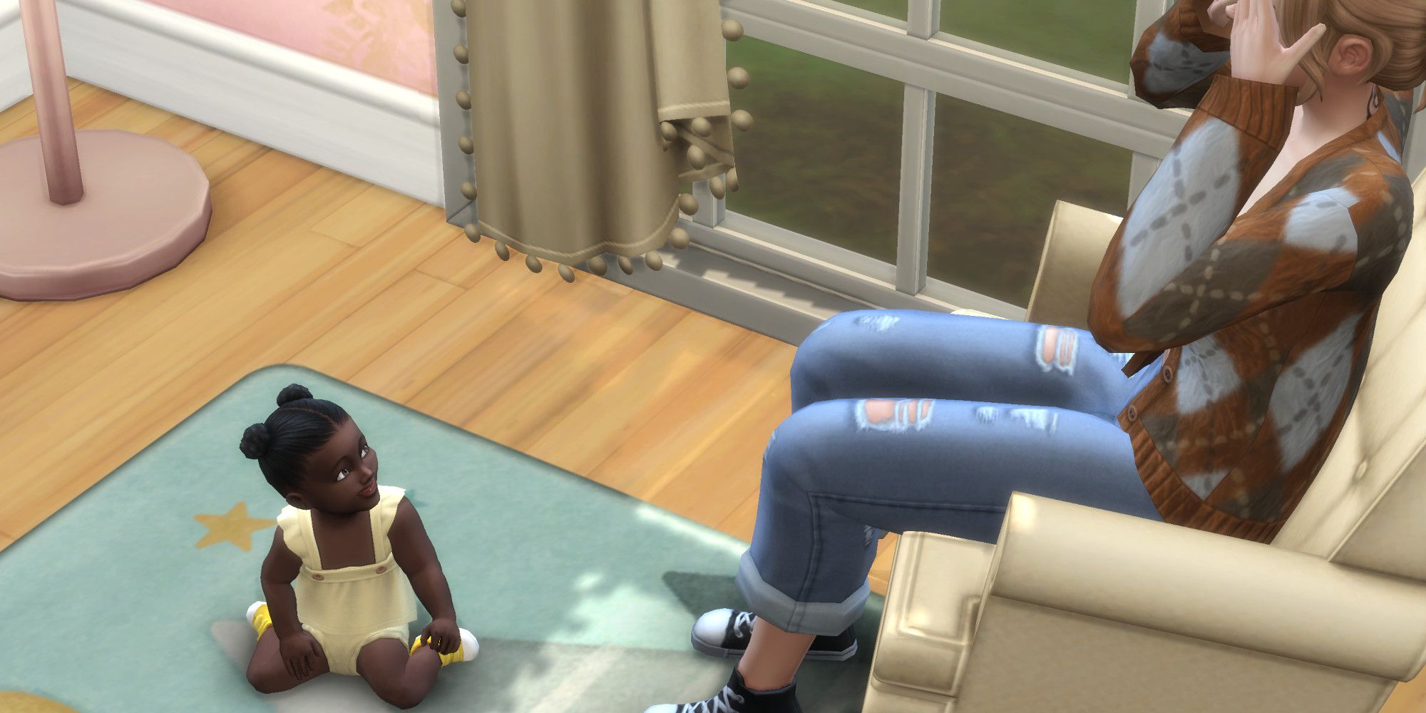 An adult Sim plays peek-a-boo with an infant sim