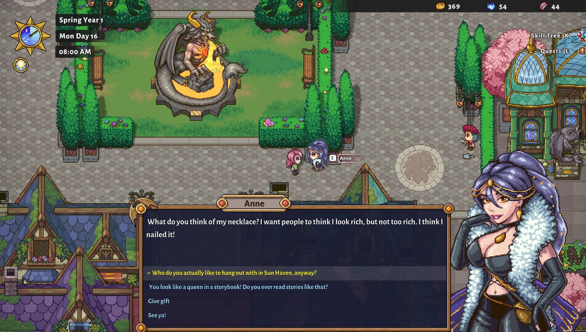 anne speaking to the player in town square by the fountain in sun haven