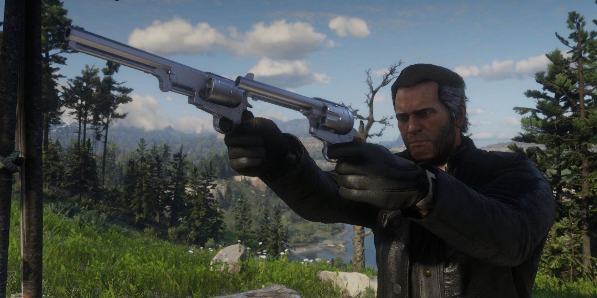 An image from Red Dead Redemption 2 of Arthur duel wielding revolvers made from the ANother Navy Revolver Mod