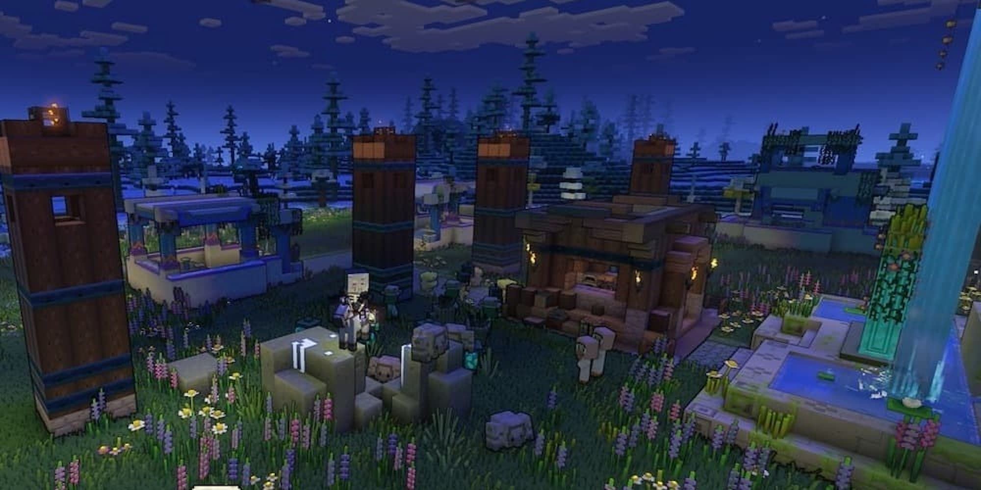 A hero rests near a village fountain with many arrow towers surrounding it in Minecraft Legends.