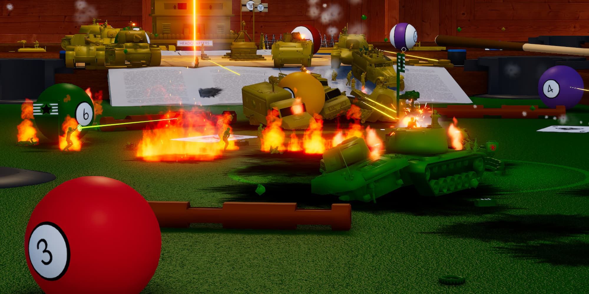 A pool table is the stage for a massive vehicle battle between the tan army and green army in Attack On Toys.