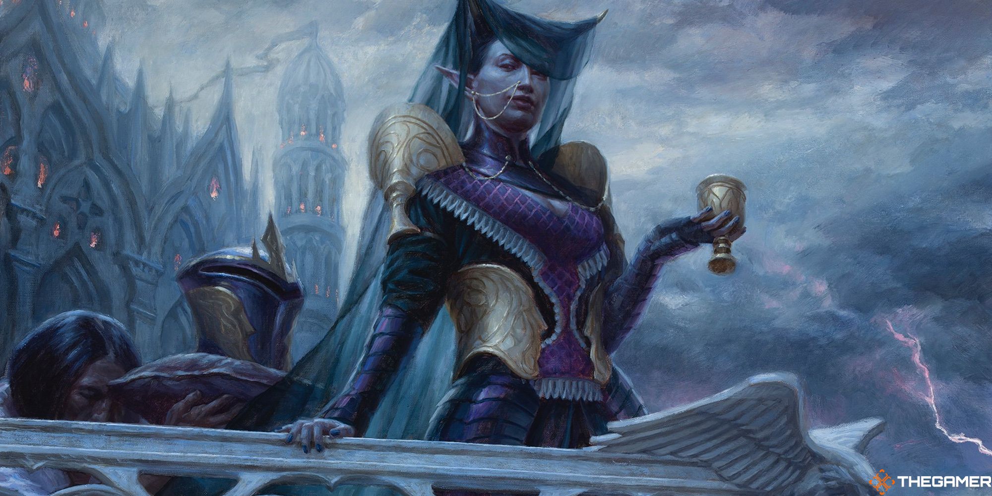 An Elvish Queen holding a chalice in front of a castle on a stormy day from MTG