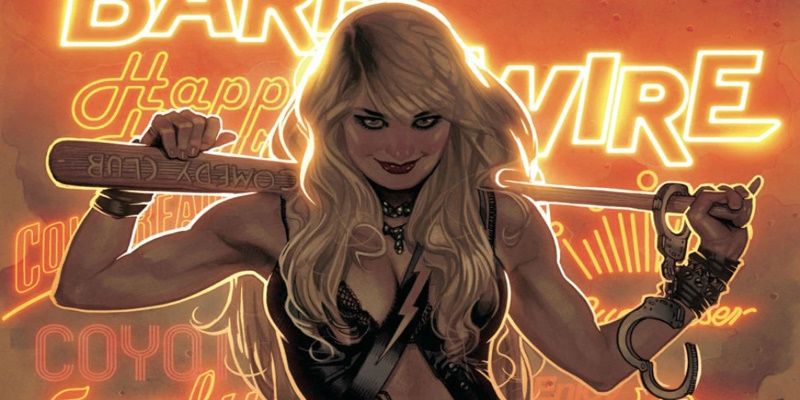 Barb Wire Artwork oh her holding a bat over her back ready to strike