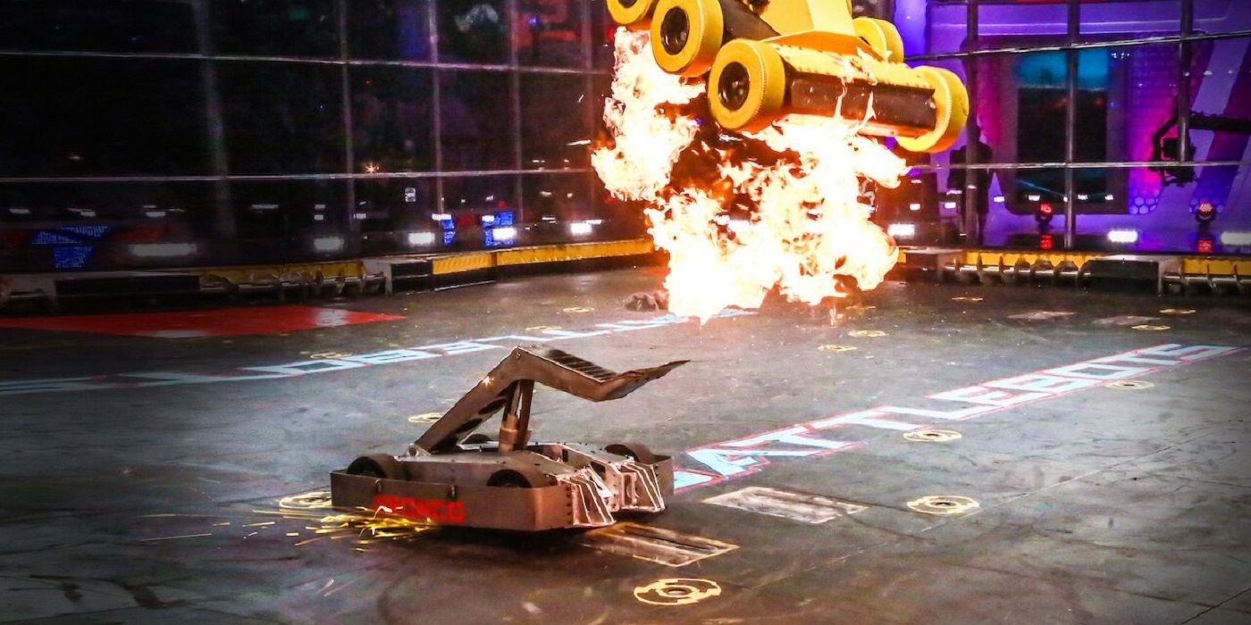 battlebots flipping a flaming robot