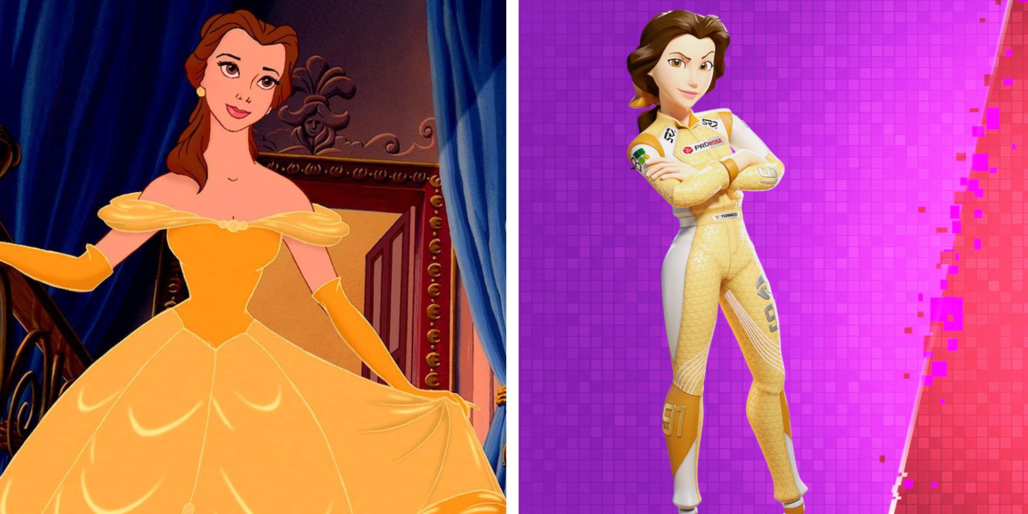 Two images of Belle. One from the movie, one from Disney Speedstorm.