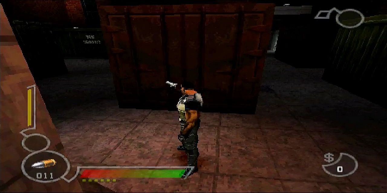 Blade holding a gun looking for enemies in Blade