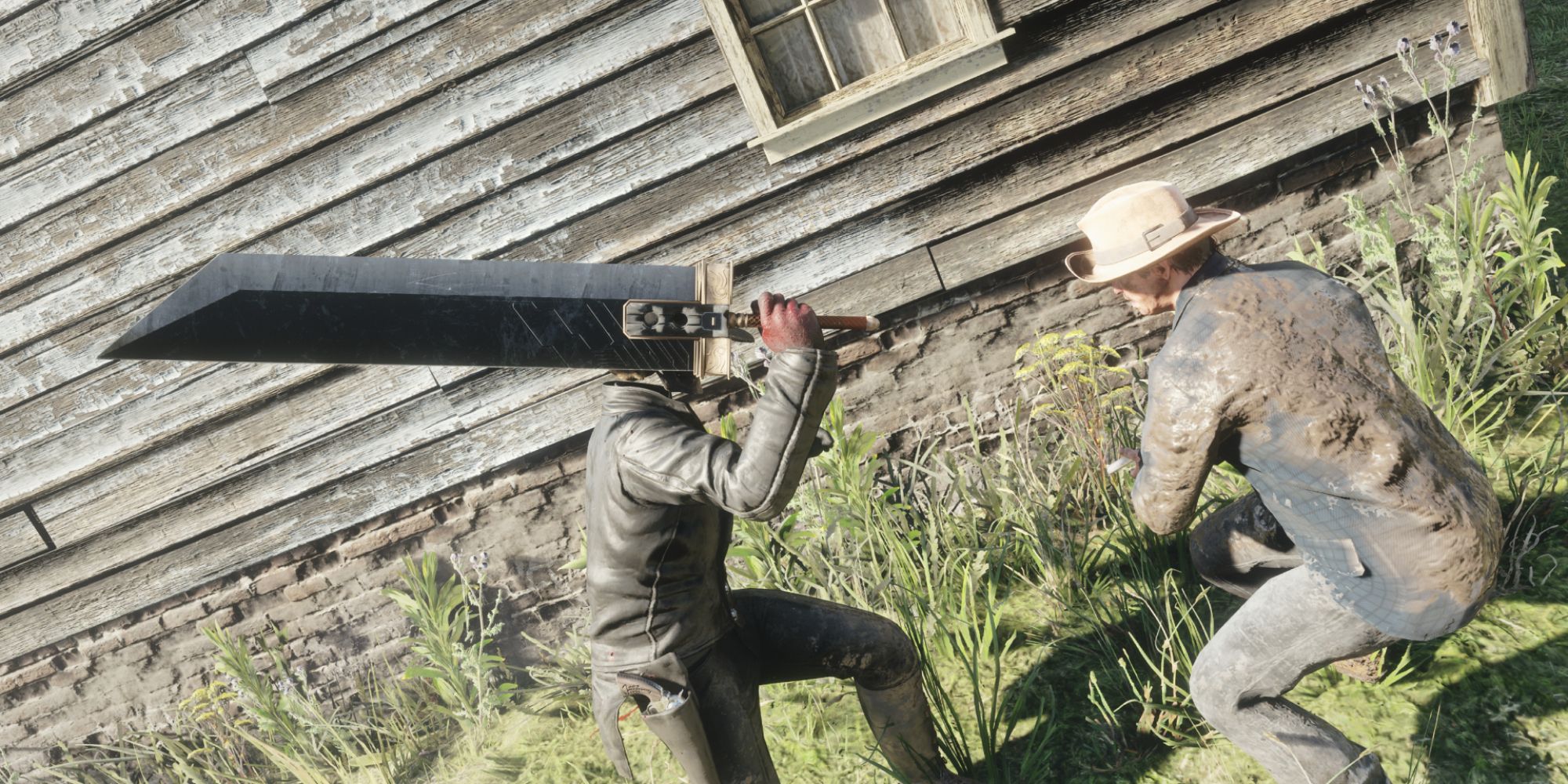 An image of Arthur using the Buster Sword from Final Fantasy, which is imported as a mod for Red Dead Redemption 2
