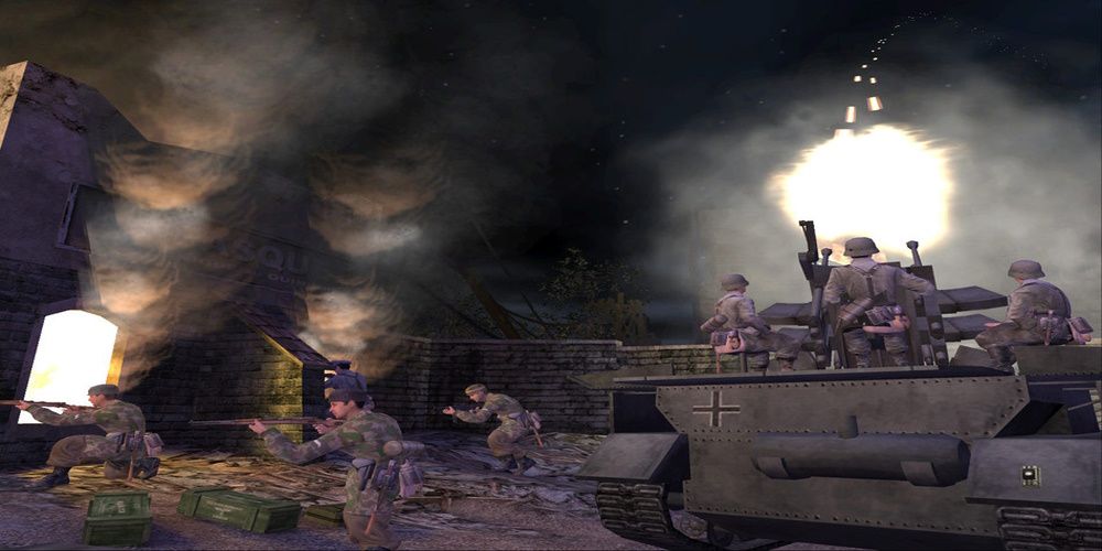 Soldiers protecting and firing from a tank in Call of Duty