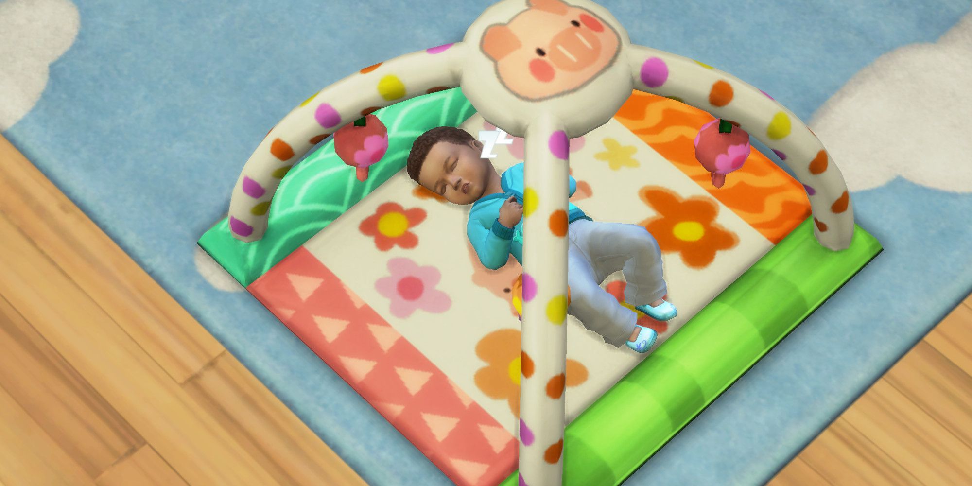 A Sim infant is sleeping calmly on a play mat.