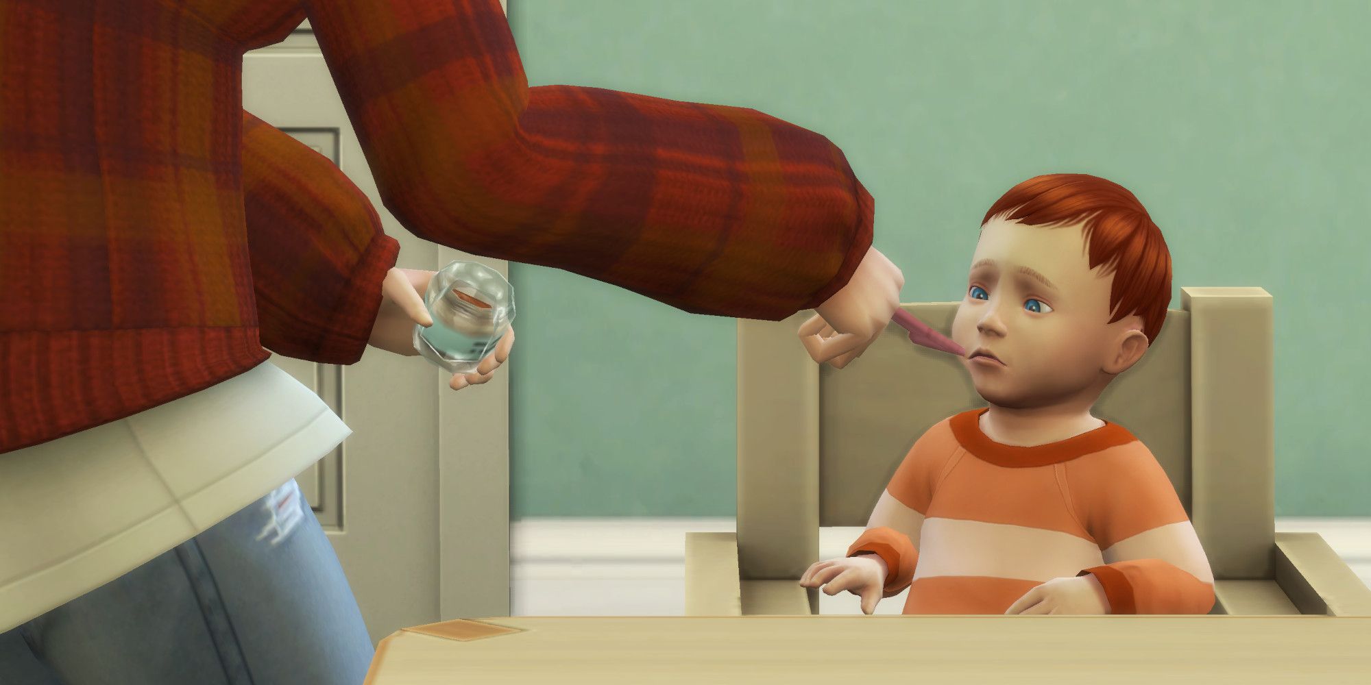 A sim infant looking afraid to try baby food.