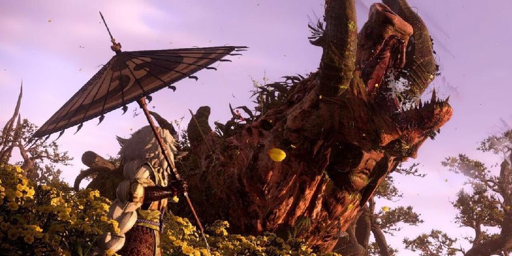 character holding bladed wagasa in wild hearts