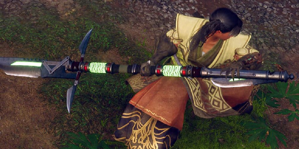 character holding karakuri staff in wild hearts