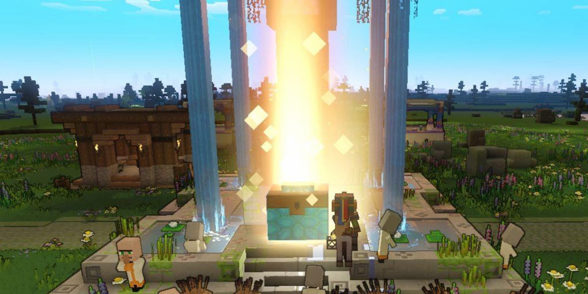 A hero opens the chest at a village in Minecraft Legends.