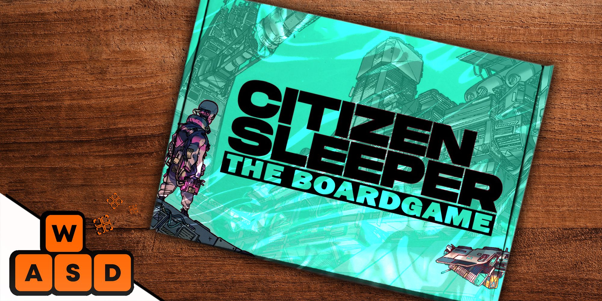 Citizen Sleeper board game mock up with the WASD logo in the corner.