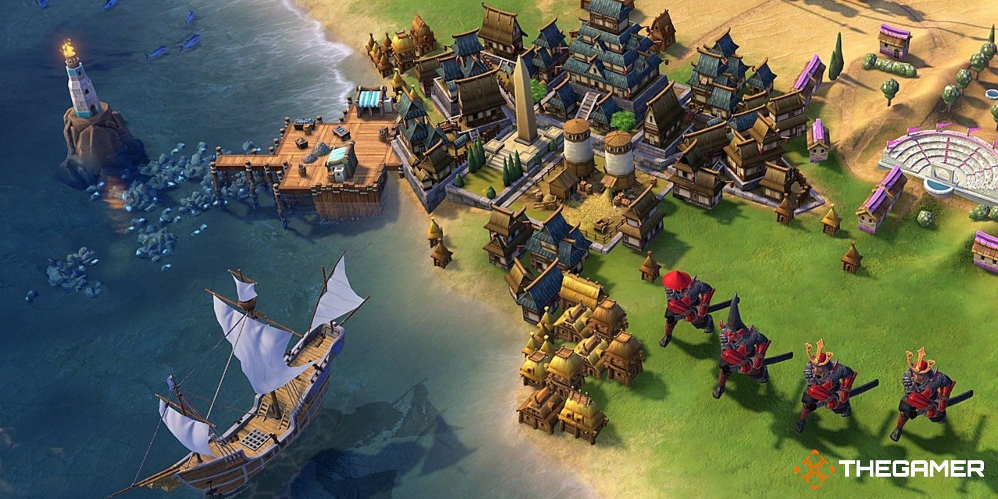 Civilization 6 gameplay showing a sailboat and soldiers guarding a coastal town.