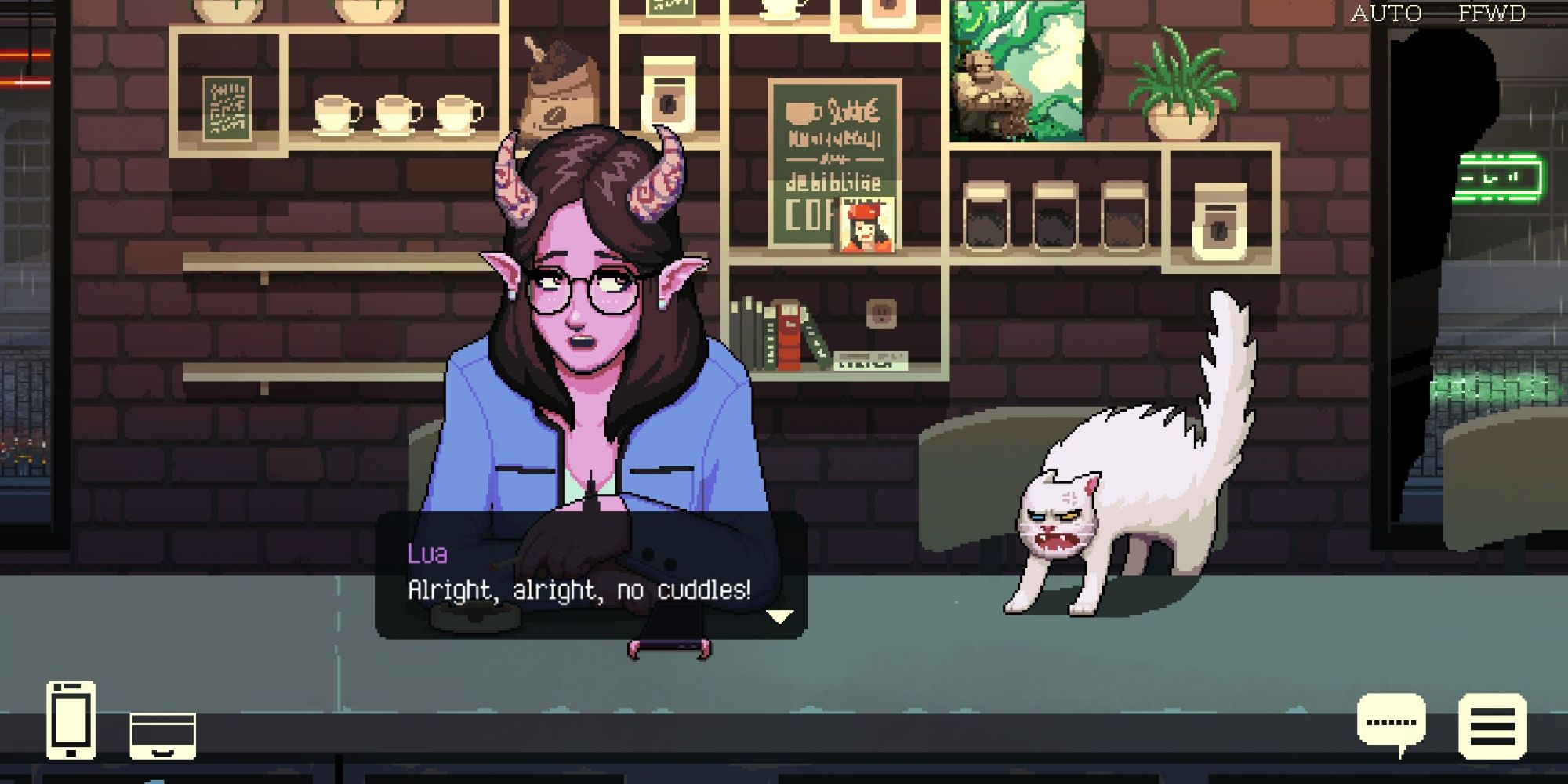 Lua fending of the angry white cat, sitting on the counter in Coffee Talk Episode 2.