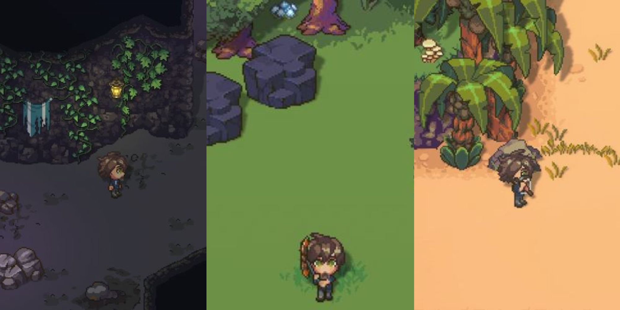 A collage of a human exploring a mine, working on the farm, and fighting enemies on the beach in Sun Haven.