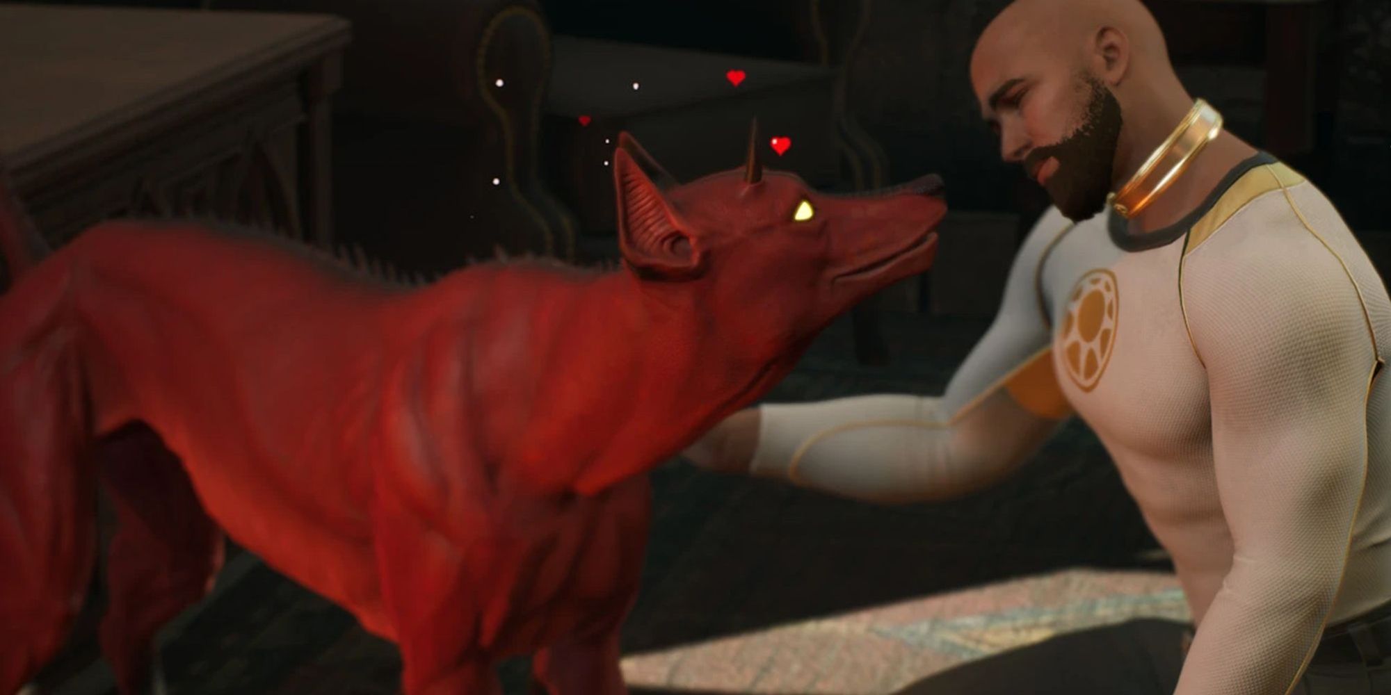 The Hunter pets their hellhound, Charlie, inside their abbey bedroom in Marvel's Midnight Suns