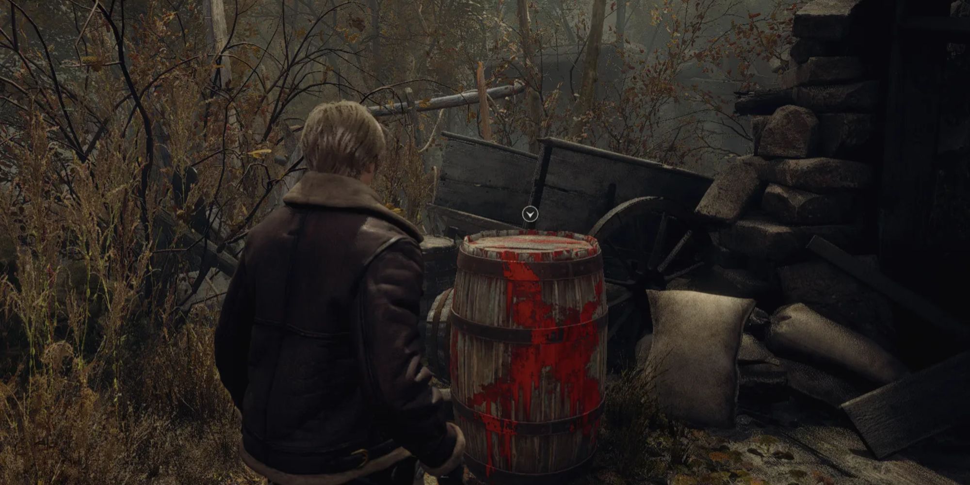 leon looking at blood on a barrel in resident evil 4 remake
