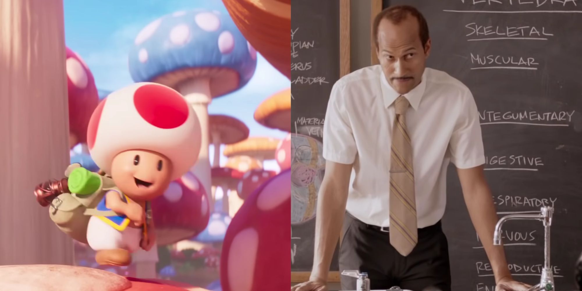 A two-image collage of Toad carrying a knapsack near giant mushroom pads, and Keegan-Michael Key's character in the Substitute Teacher skit in Key & Peele.