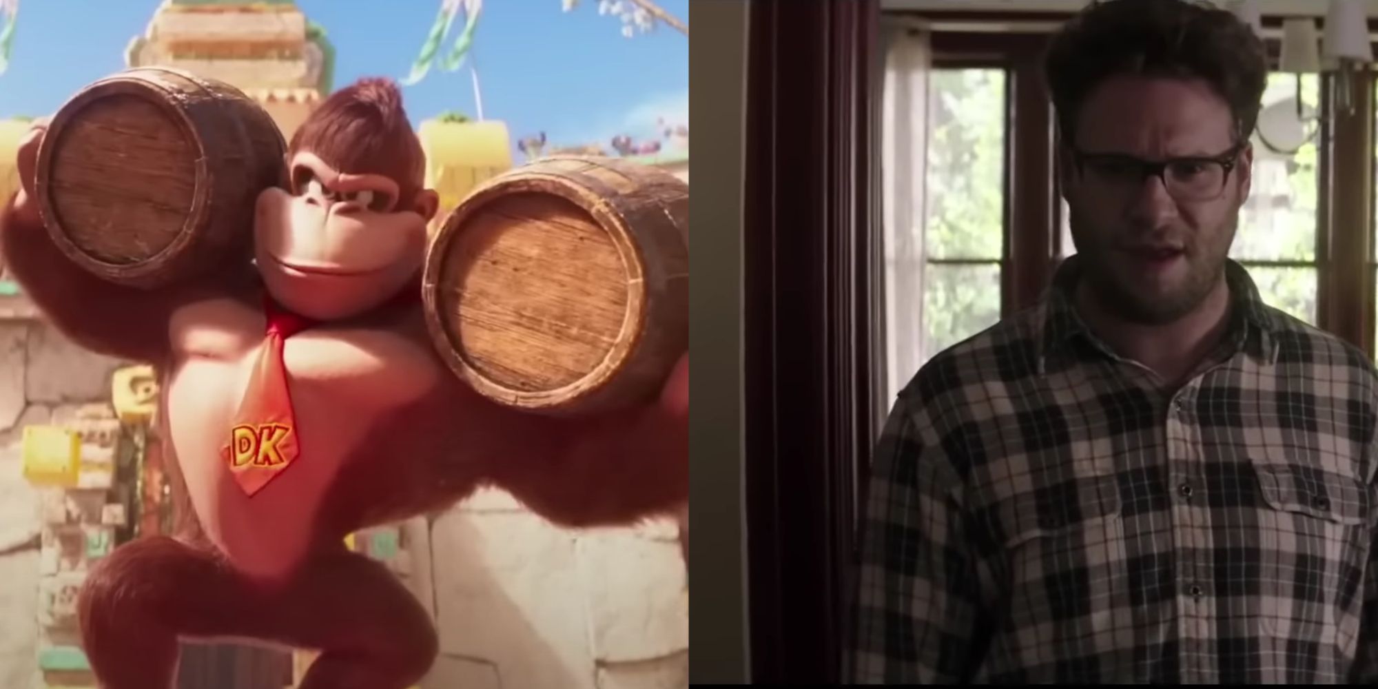 A two-image collage of Donkey Kong holding two barrels before fighting Mario, and Seth Rogen's character staring at DeNiro costumes in Neighbors.