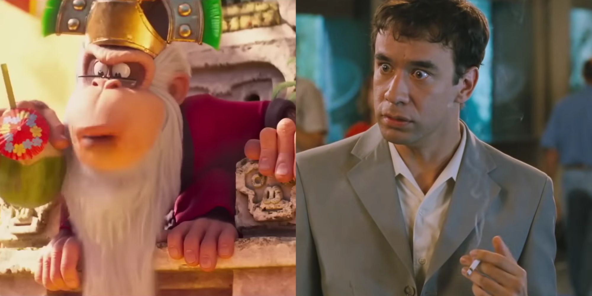 A two-image collage of Cranky Kong sitting on his throne with a funny expression, and Fred Armisen's character in Deuce Bigalow also with a funny expression.