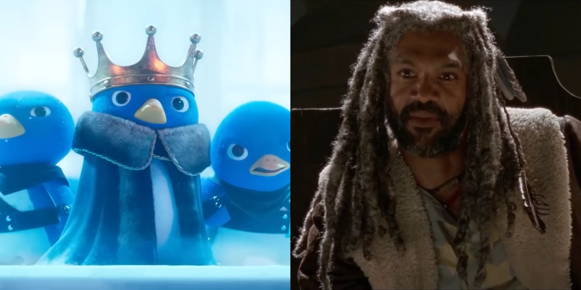 A side-by-side collage of Penguin King confronting Bowser in the Super Mario Bros. film and Khary Payton as King Ezekiel in The Walking Dead.