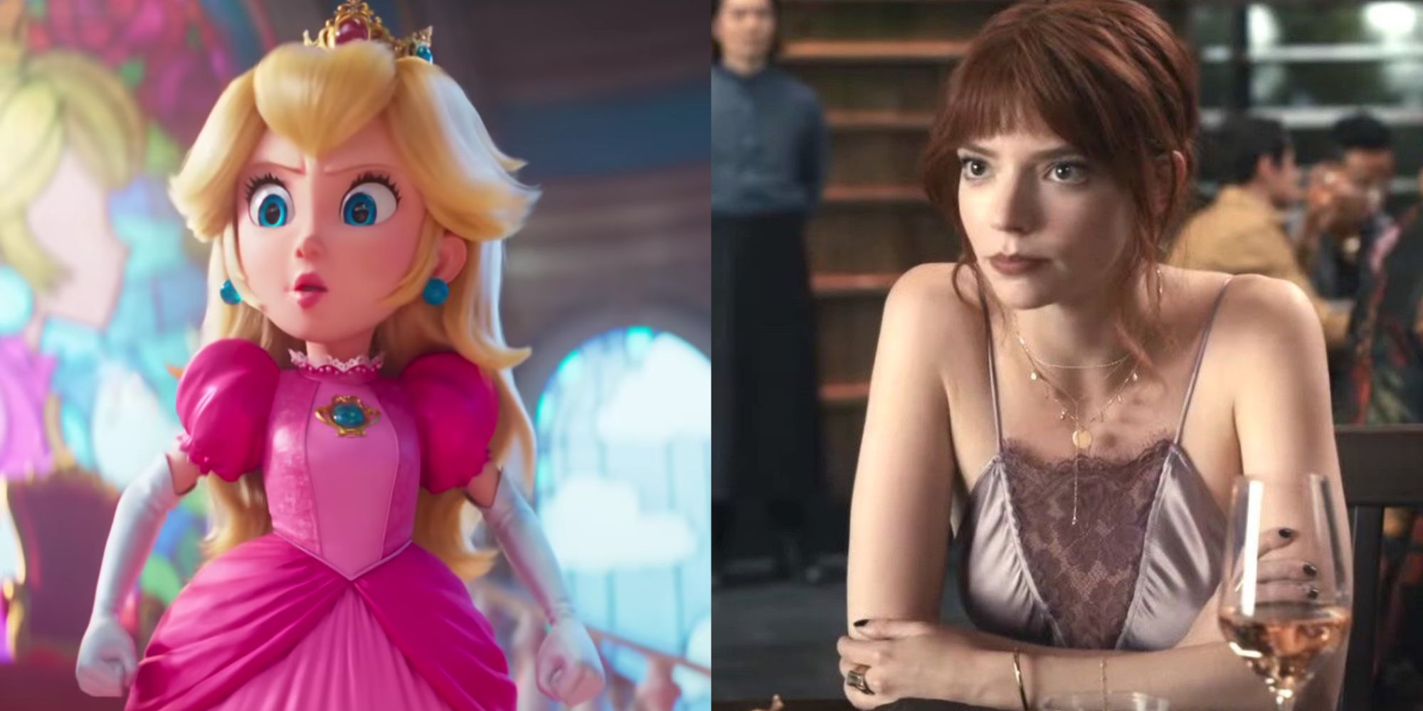 A two-image collage of a serious Princess Peach and Anya Taylor-Joy's character sitting at a table in The Menu.