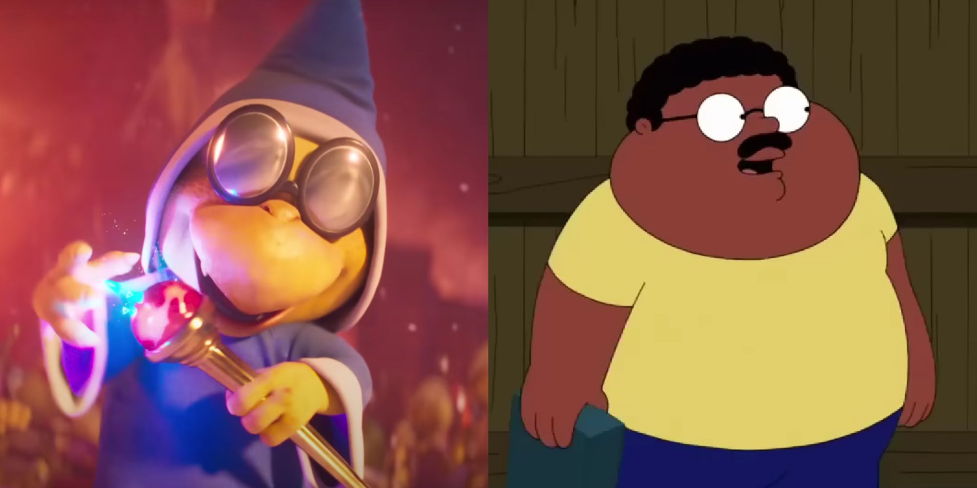 A two-image collage of Kamek from the Super Mario Bros. movie starting his staff, and Kevin Michael Richardson as Cleveland Jr. on The Cleveland Show.