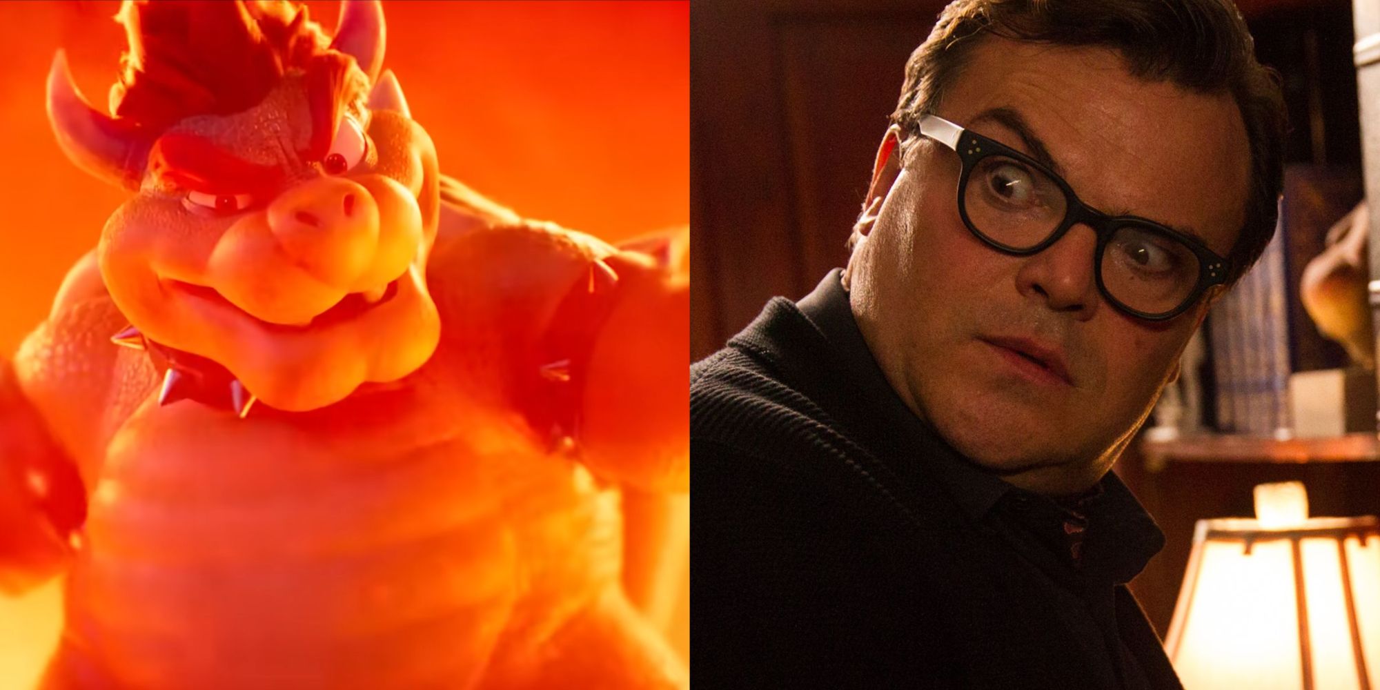 A two-image collage of Bowser surrounded by a haze of fire holding up his arms, and Jack Black as R.L. Stine in the Goosebumps movie.
