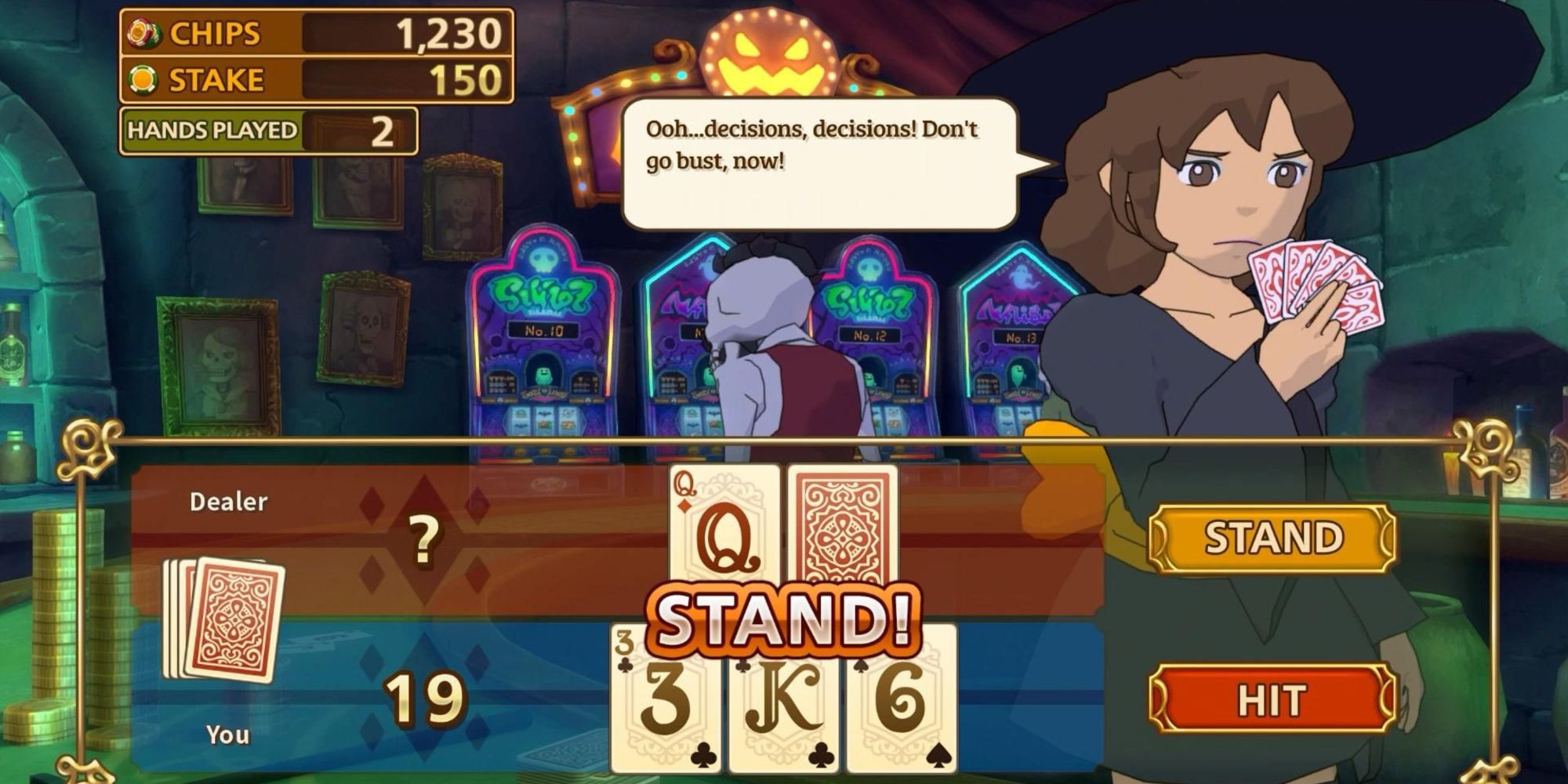 A Blackjack game in the Crypt Casino. The Dealer is a lady in a witch hat.