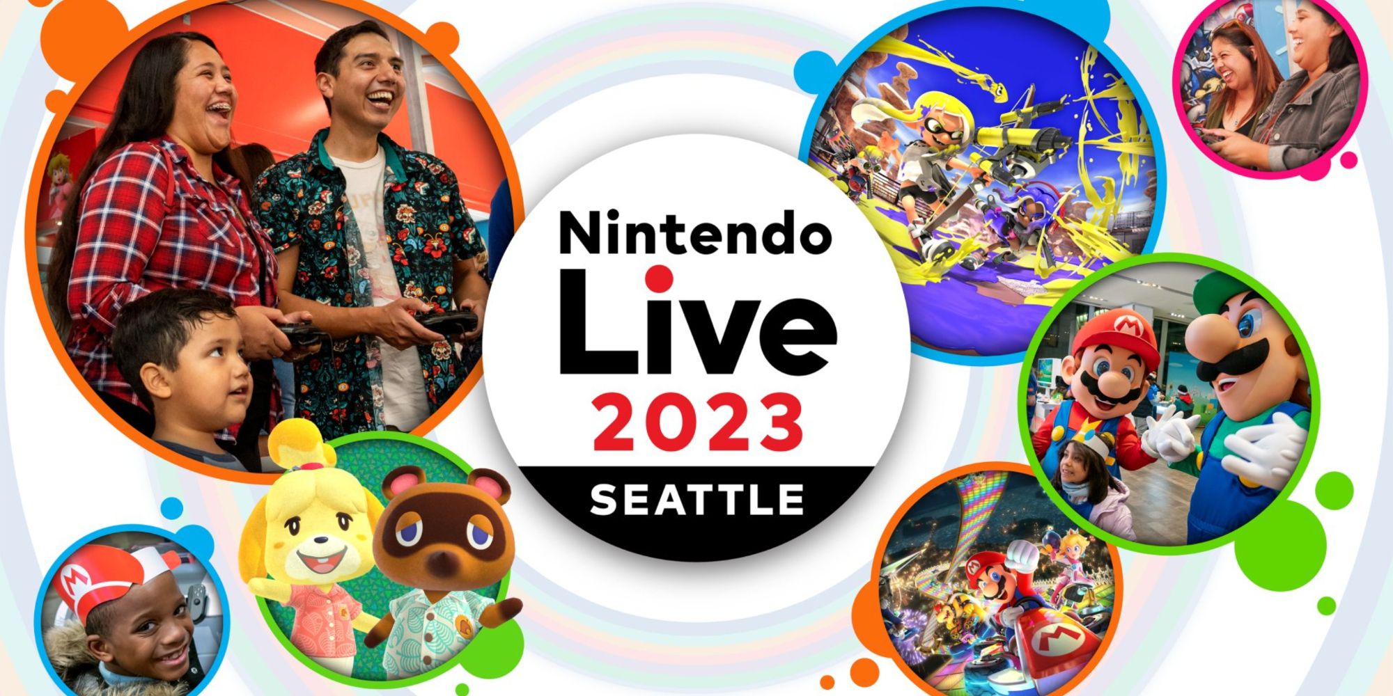 nintendo live 2023 in seatlle featuring mario kart, animal crossing, and splatoon