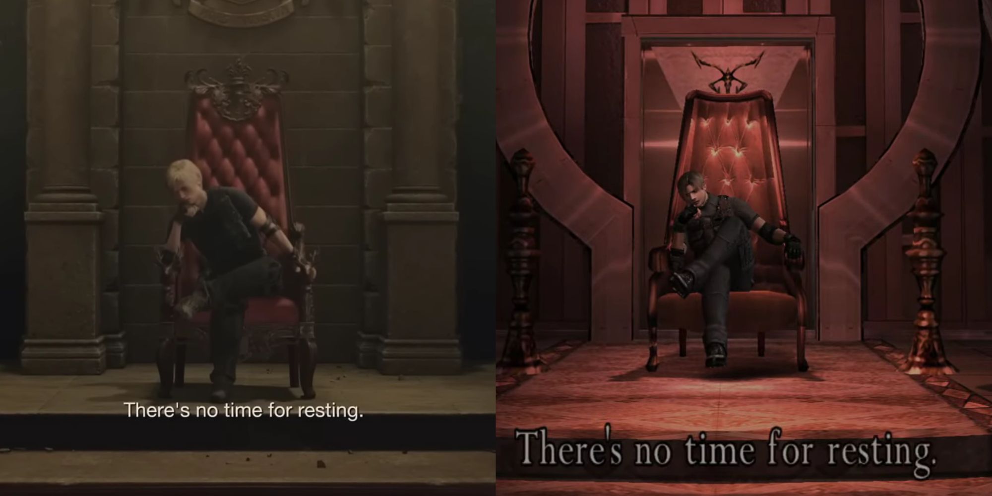 A split image of Leon sitting on Salazar's red throne chair from the reamake and the 2005 original game with the message on-screen.