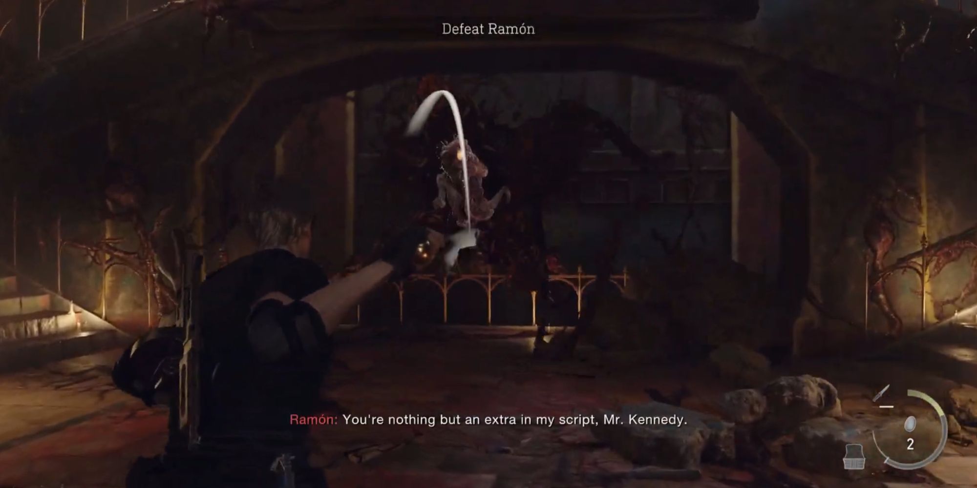Leon aiming a golden egg as the giant exposed boss form of Salazar comes rushing toward him.