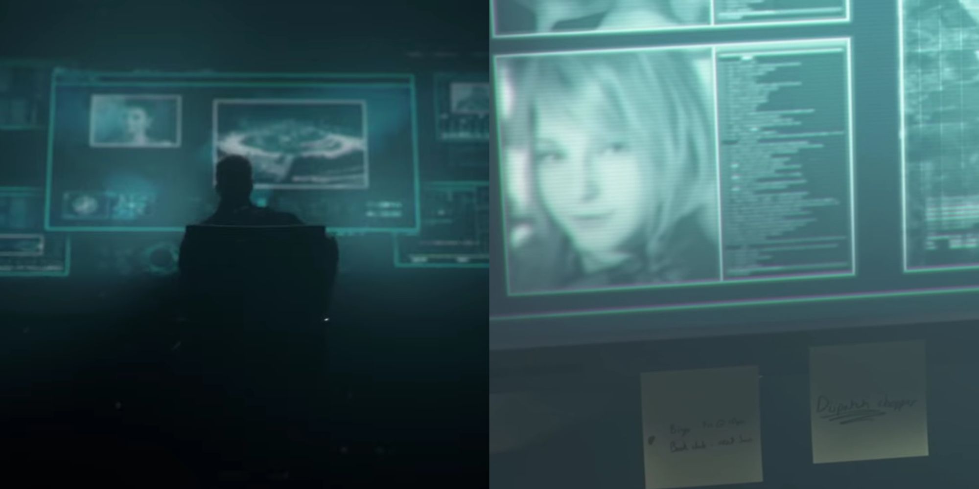A split-image of Albert Wesker at his chair looking at a screen featuring Excella and a location from Resident Evil 5, and a bingo note on Hunnigan's computer monitor.