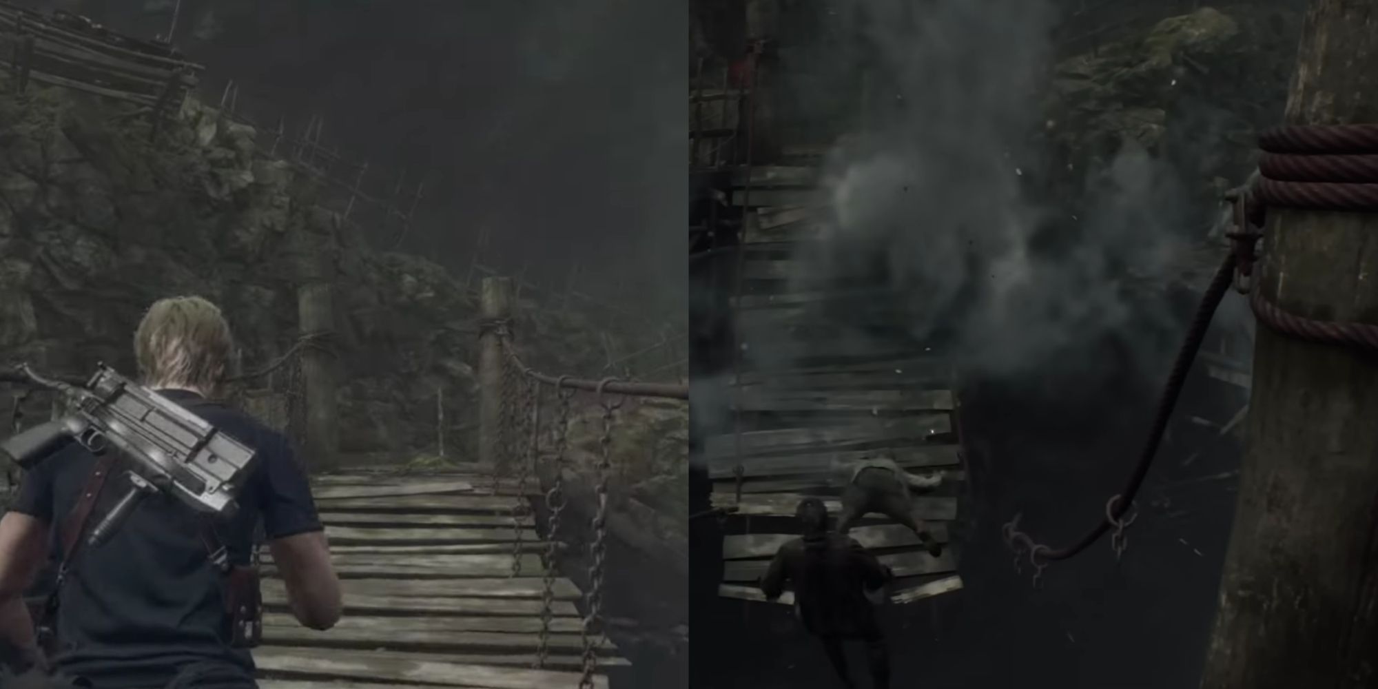 A split-image of Leon running across the long bridge in Chapter 2's valley area and then it being destroyed with two Ganados falling down with it.
