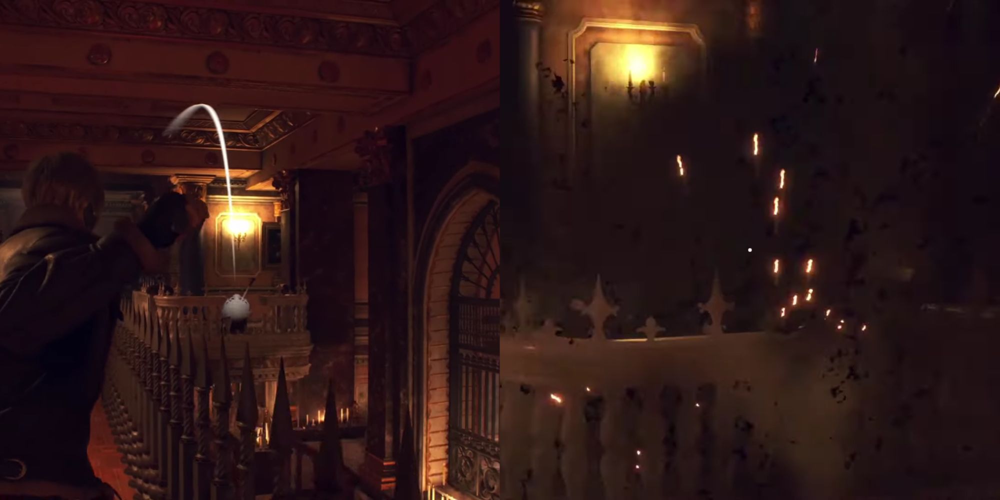 A split-image of Leon aiming a grenade at the enemy pulling the lever and the exact spot exploding.