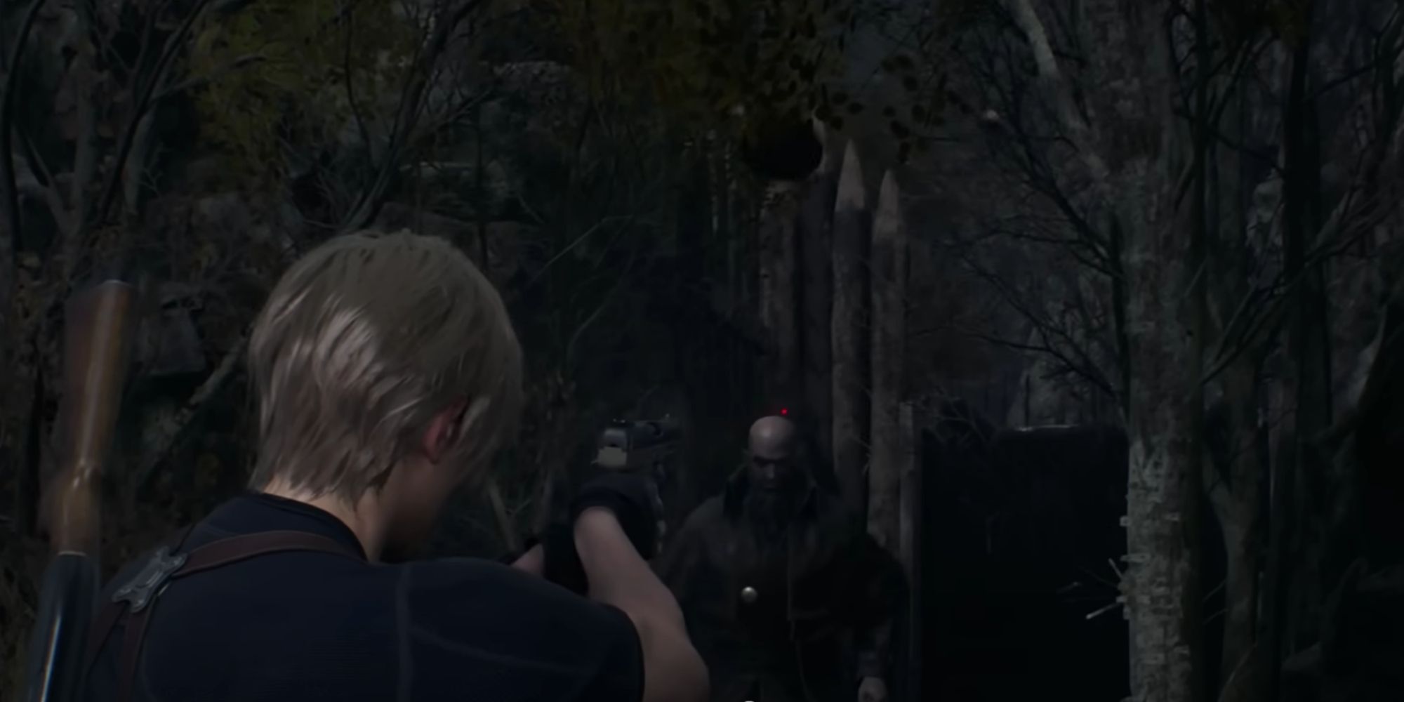Leon's gun aimed just above Bitores' head after shooting the hat, which can be seen flying in the air.
